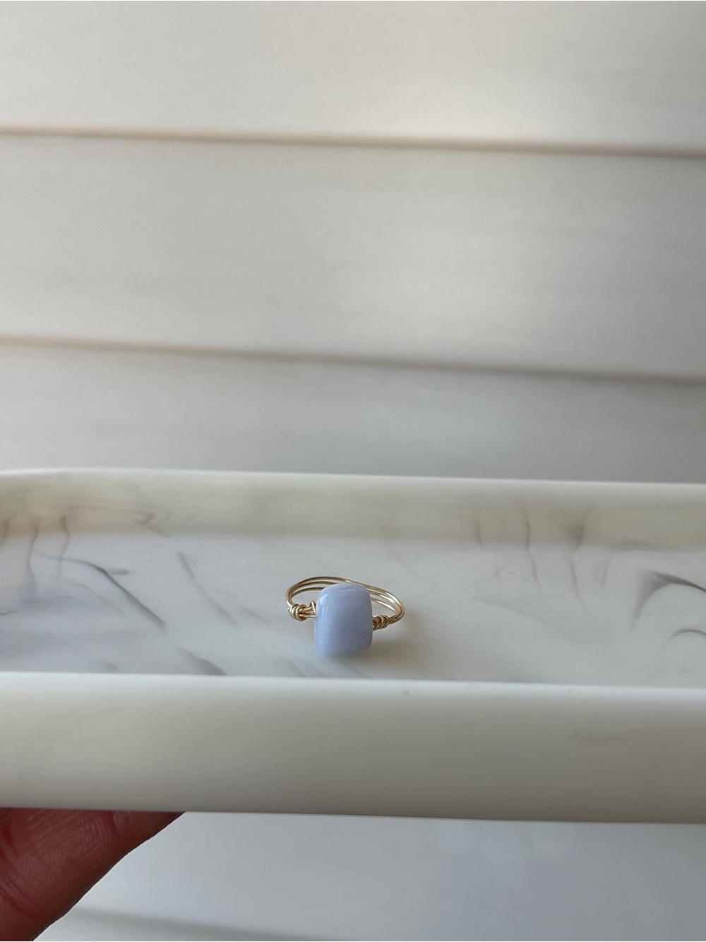 Gold Wire Wrapped Blue Chalcedony Ring, Size 6